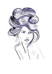 Hand-drawn abstract fashion illustration sketch of invented character, in black, grey, white and blue colors: imaginary girl with  high fluffy updo hairstyle on a white background. Beauty studio logo