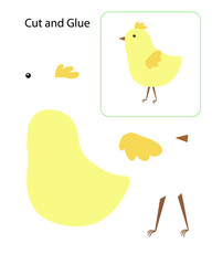 Cut and glue educational activity for children, DIY Easter chicken papercraft, simple cartoon farm animal vector illustration worksheet
