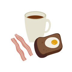 Vector illustration of breakfast. Cup with coffee, toast with egg, and fried bacon. Hand-drawn illustration in flat style, isolated on white. Suitable for illustration healthy breakfast.