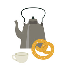 Vector illustration of breakfast. Cup with tea, beagle, and kettle. Hand-drawn illustration in flat style, isolated on white.