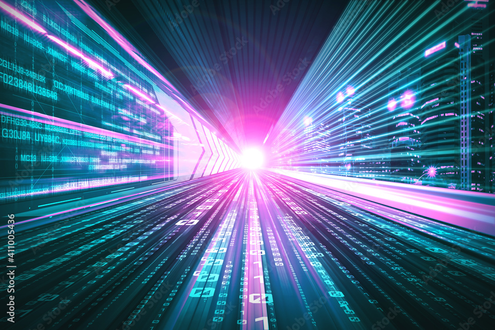 Poster digital data flow on road with motion blur to create vision of fast speed transfer . concept of futu