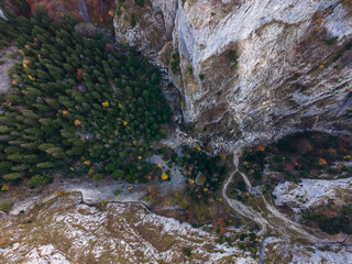 Aerial view over a rocky gorge in Buila Vanturarita