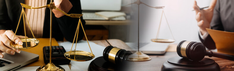 Business and lawyers discussing contract papers with brass scale on desk in office. Law, legal...