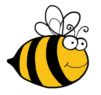 Thick, striped bee, a striped insect with wings on a white background. Cartoon bee for kids, kindergarten or school. For the children`s room, kitchen. Favorite honeybee.