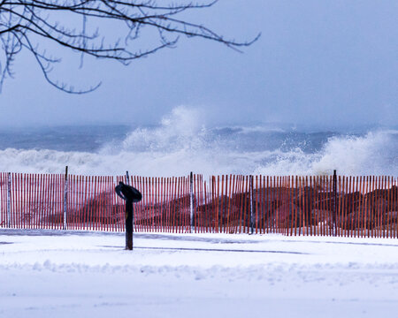 Martin Goodman Trail, Toronto In The Beaches Neighbourhood During A Snow Storm With Crashing Waves