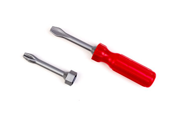 Toy. screwdrivers on white background. Tools. Top view.