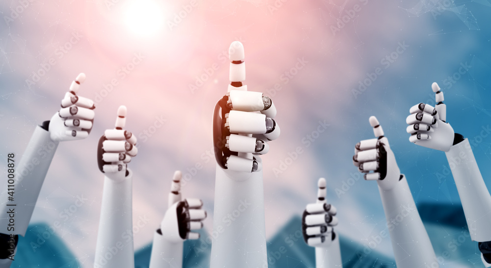 Aufkleber robot humanoid hands up to celebrate goals success achieved by using ai artificial intelligence thin