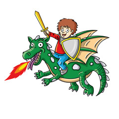Fototapeta premium Funny illustration of child as a knight on a flying dragon