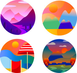 Vector flat landscape illustration of beautiful nature view: sky, mountains, water, cozy. For travel banner, card, vacation touristic advertising, brochure, flayer,logo