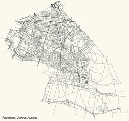 Fototapeta premium Black simple detailed street roads map on vintage beige background of the neighbourhood Favoriten district of Vienna, Austria