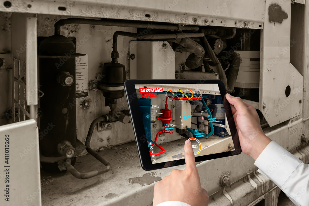 Poster engineer use augmented reality software in smart factory production line with automated application 