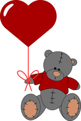 A cute teddy bear is holding a red heart balloon as a Valentine's Day gift. Vector greeting card on white background isolated.