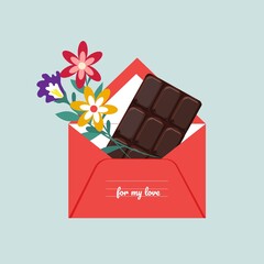 Vector romantic red envelope. The envelope contains chocolate and flowers. Love letter illustration in flat style.