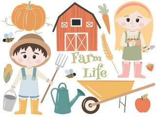 Farl life vector illustration. Young farmers girl and boy. Harvesting. Local organic production set. Agricultural workers planting and gathering crops.