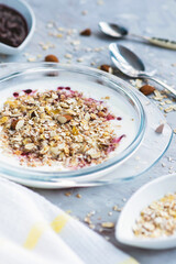 Muesli with milk and nuts. Healthy diet. Delicious and healthy breakfast.