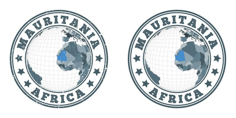 Mauritania round logos. Circular badges of the country with a map of Mauritania in a world context. Plain and textured country stamps. Vector illustration.