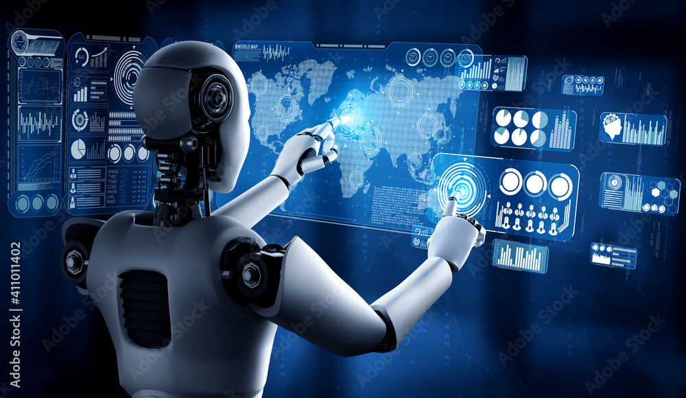 Poster ai humanoid robot touching virtual hologram screen showing concept of big data analytic using artifi