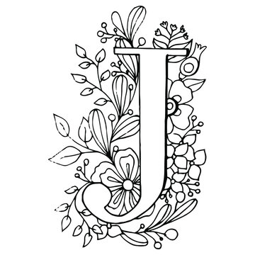 Letter J. Coloring - Anti-stress floral motifs. Alphabet symbols collection. Vector illustration. Isolated on white background
