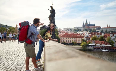 Cercles muraux Prague Happy tourist couple taking a selfie  Traveller lifestyle