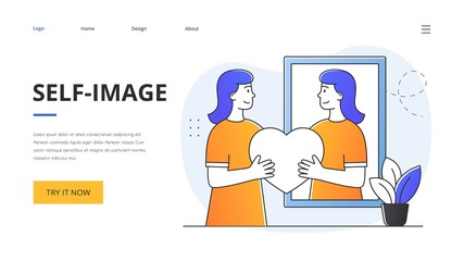 Abstract self-image concept with a girl looking at her reflection in the mirror. Outline flat vector illustration. Abstract metaphor. Website web page landing page template