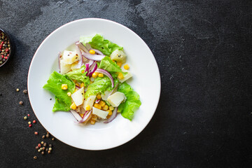 corn salad potato with vegetable lettuce on the table healthy meal snack top view copy space for...