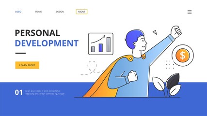 Abstract concept of self-development with a young man in the form of a super hero. Outline flat vector illustration. Abstract metaphor. Website web page landing page template