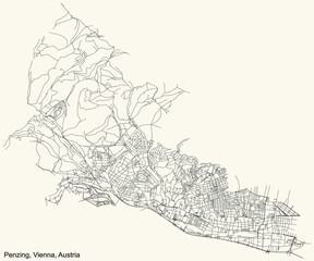 Fototapeta premium Black simple detailed street roads map on vintage beige background of the neighbourhood Penzing district of Vienna, Austria
