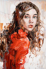 Portrait of a young beautiful girl in a red dress. Oil painting on canvas.