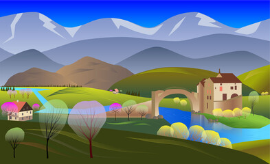 Spring landscape with a castle, a bridge over the river, flowering trees, houses, green hills, mountains. Vector illustration. 
