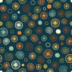 Abstract wheels geometric seamless pattern dark turquoise background