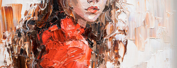 Fragment of an oil painting.  Portrait of a woman. The art is done in a realistic manner.