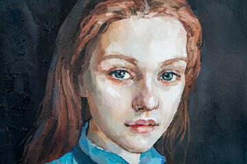 Art painting. Portrait of a girl with red hair is made in a classic style. Background is dark.