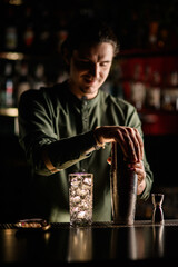 view of the bar with glass of ice and steel shaker on it