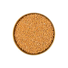 Close up metal bowl of yellow mustard seeds
