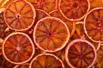 Close up dried red orange chips on retail display