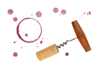 Red wine cork, opener and stain rings isolated