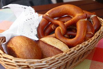 Close up pretzel bread and buns in basket
