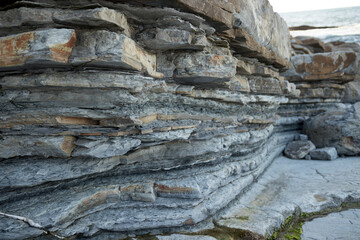 Closeup image of geological formation flysch in Hendaye, France.