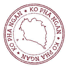 Ko Pha Ngan round rubber stamp with island map. Vintage red passport stamp with circular text and stars, vector illustration.
