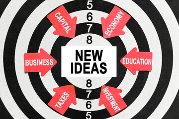 On the target, arrows with business lettering point to the center on a business card with the inscription - NEW IDEAS