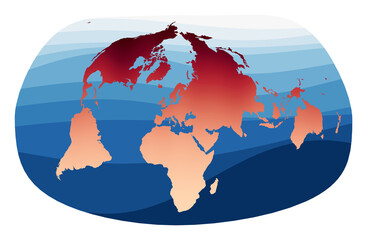 World Map Vector. Jacques Bertin's 1953 projection. World in red orange gradient on deep blue ocean waves. Charming vector illustration.