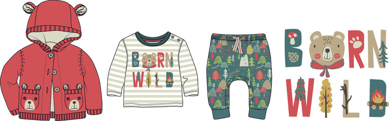 Collection of nature and camping themed clothes for babies. Cardigan, t shirt, pants set. Nordic style baby clothing design