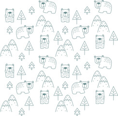 Fototapeta na wymiar Seamless pattern with nature and camping themes for babies. Scandinavian style baby bedding set, throw pillow, baby clothes, wallpaper, background, you can use it in your gift wrapping designs.