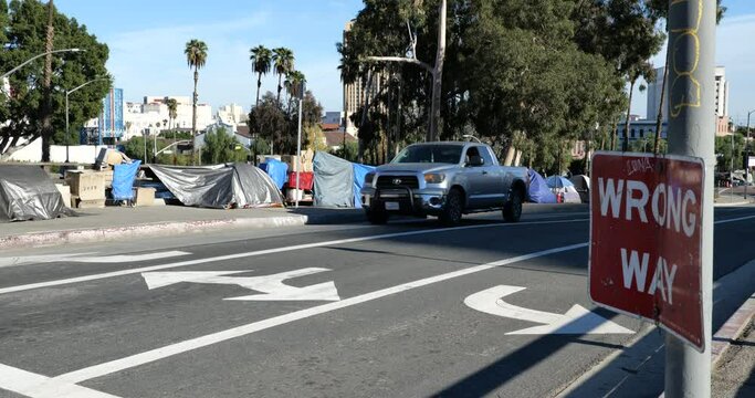 Homeless encampment on a freeway off ramp in Los Angeles