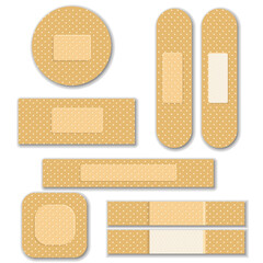 Set of isolated vector elastic bandage patch. Set of two sided adhesive plasters. Oblong, square, round skin patch. Sticky bandage. Protective cover. Vector illustration