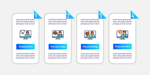 Obraz premium Telehealth vector infographic. Video meetings with doctors. Telemedicine, health care. Online medical template presentations,workflow layout, info chart,banner. Design elements with icons and 4 steps