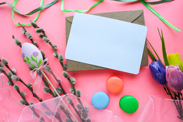 spring composition. Easter card design. Pussy willow twigs, flowers and space for text. congratulation