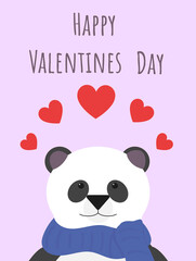 Portrait of a cute panda. Valentine's Day card. Cute Panda wishes you Happy Valentine's Day. Red hearts on the background.