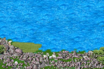 illustration of a 3d water surface by the shore