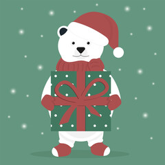 Cute polar bear cub with a big gift. Bear in the hat of Santa Claus. Christmas New Year.